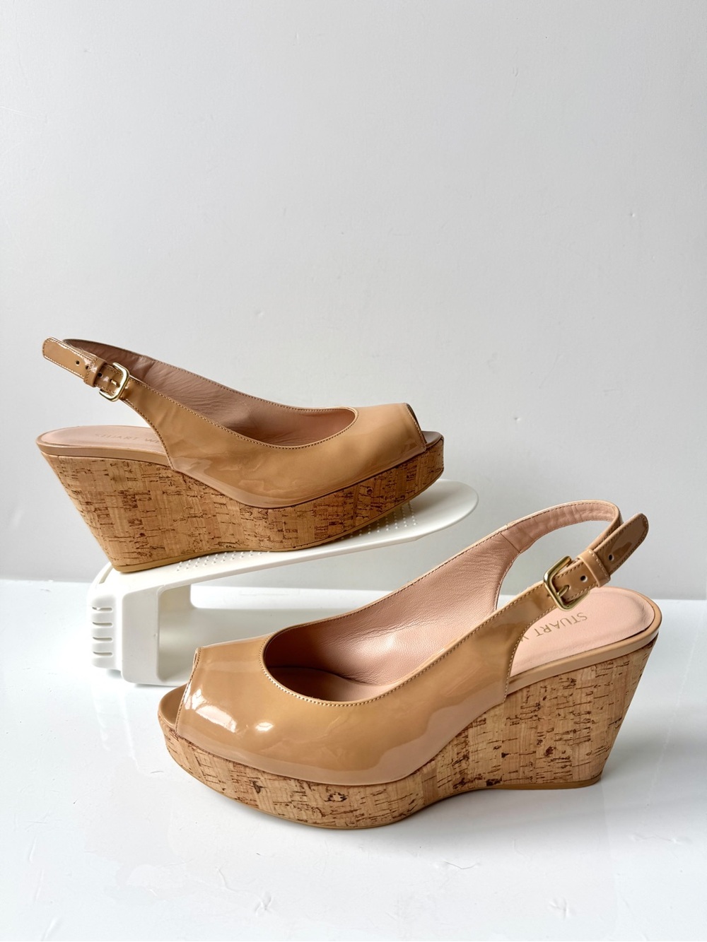 Stuart Weitzman Riviera Nude Patent Slingback Cork Platform Wedge Sandals Size 9